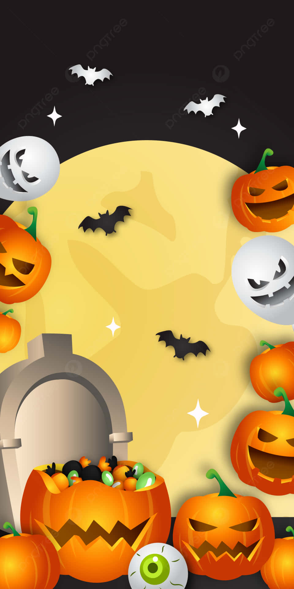 Halloweenpumpor Och Fladdermöss Framför Månen På Dator- Eller Mobilskärmsbakgrund. Wallpaper