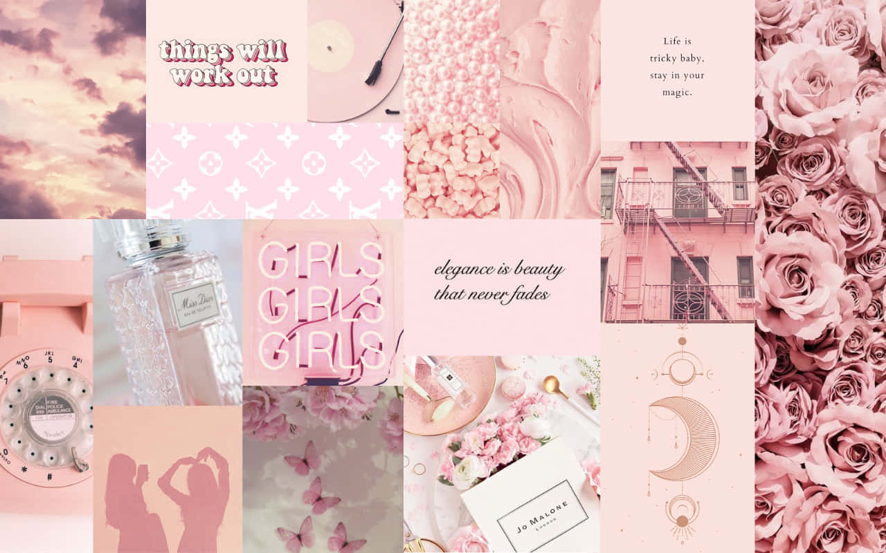 Pink And White Collage With Pink Flowers And A Phone Wallpaper