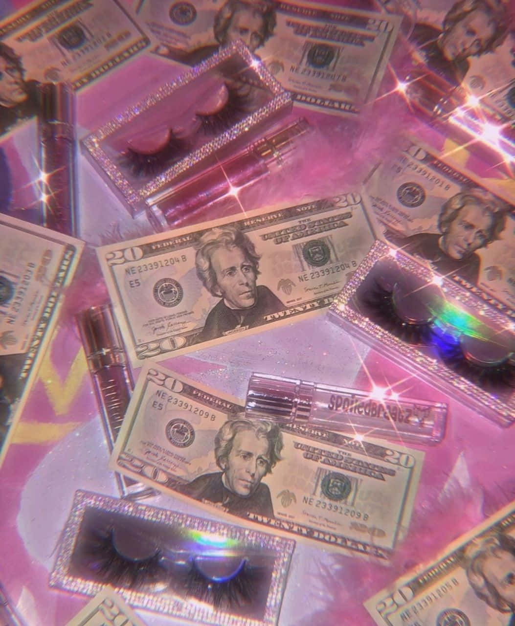 En pink bord med dollar sedler og øjenvipper Wallpaper