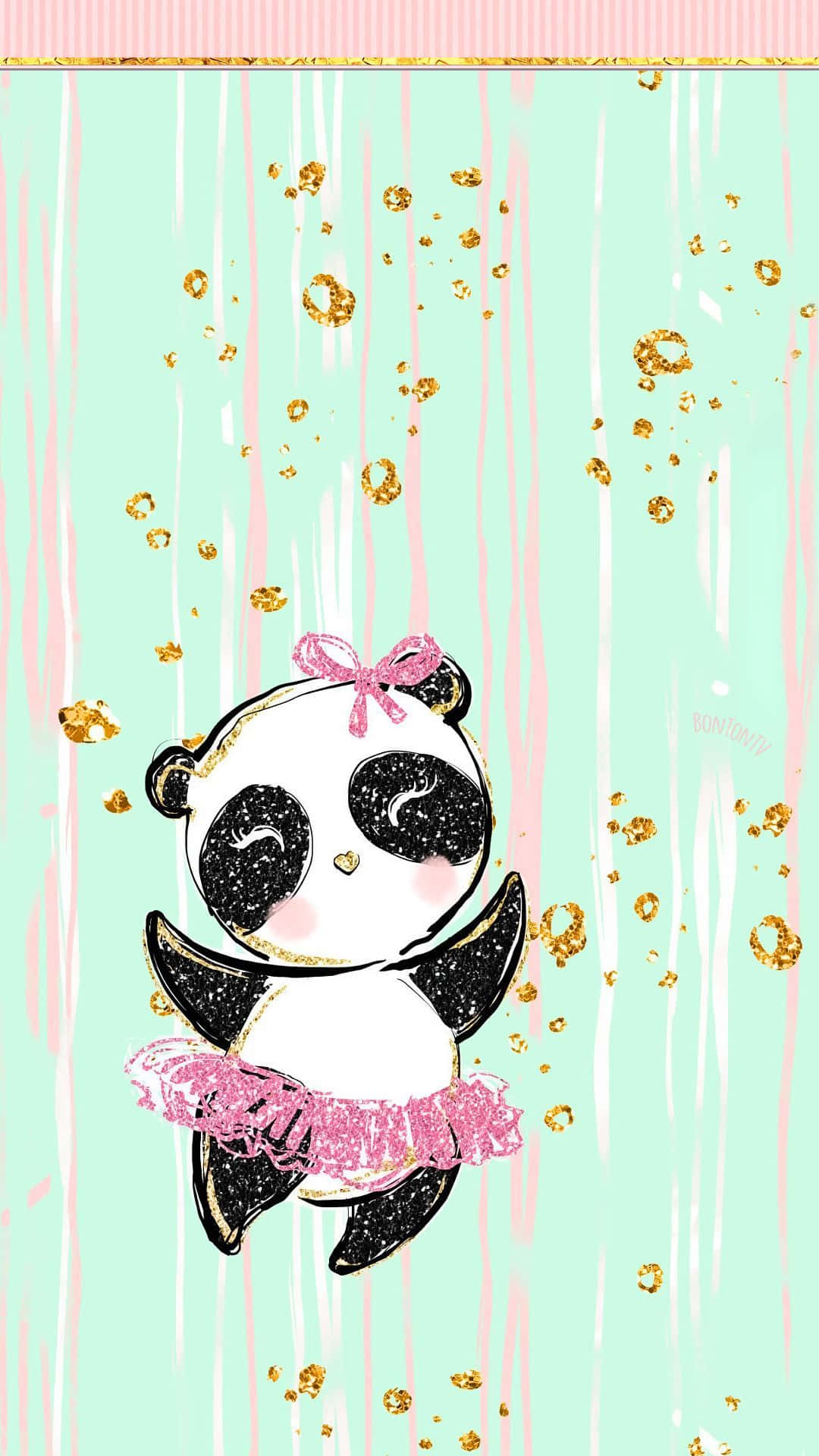 En pandabjørn i pink og guld med en pink sjal lege i et smaragdgrønt felt Wallpaper