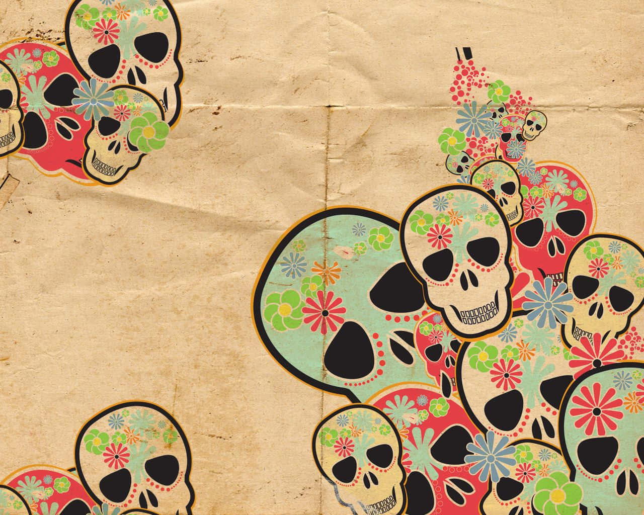 A Paper With Skulls And Flowers Wallpaper