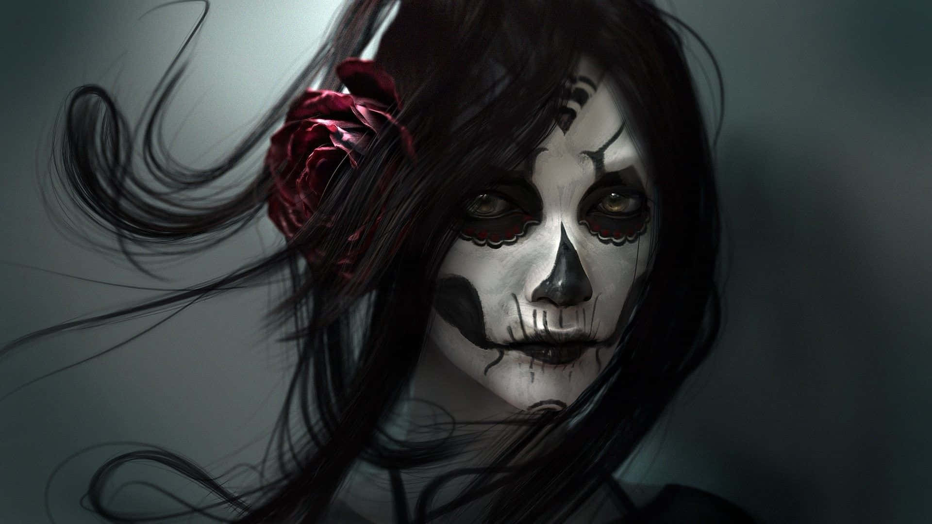 A Woman With A Skull Face And Roses Wallpaper