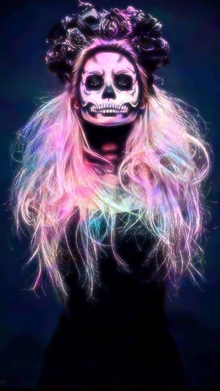 A Woman With A Pink Hair And Skeleton Makeup Wallpaper