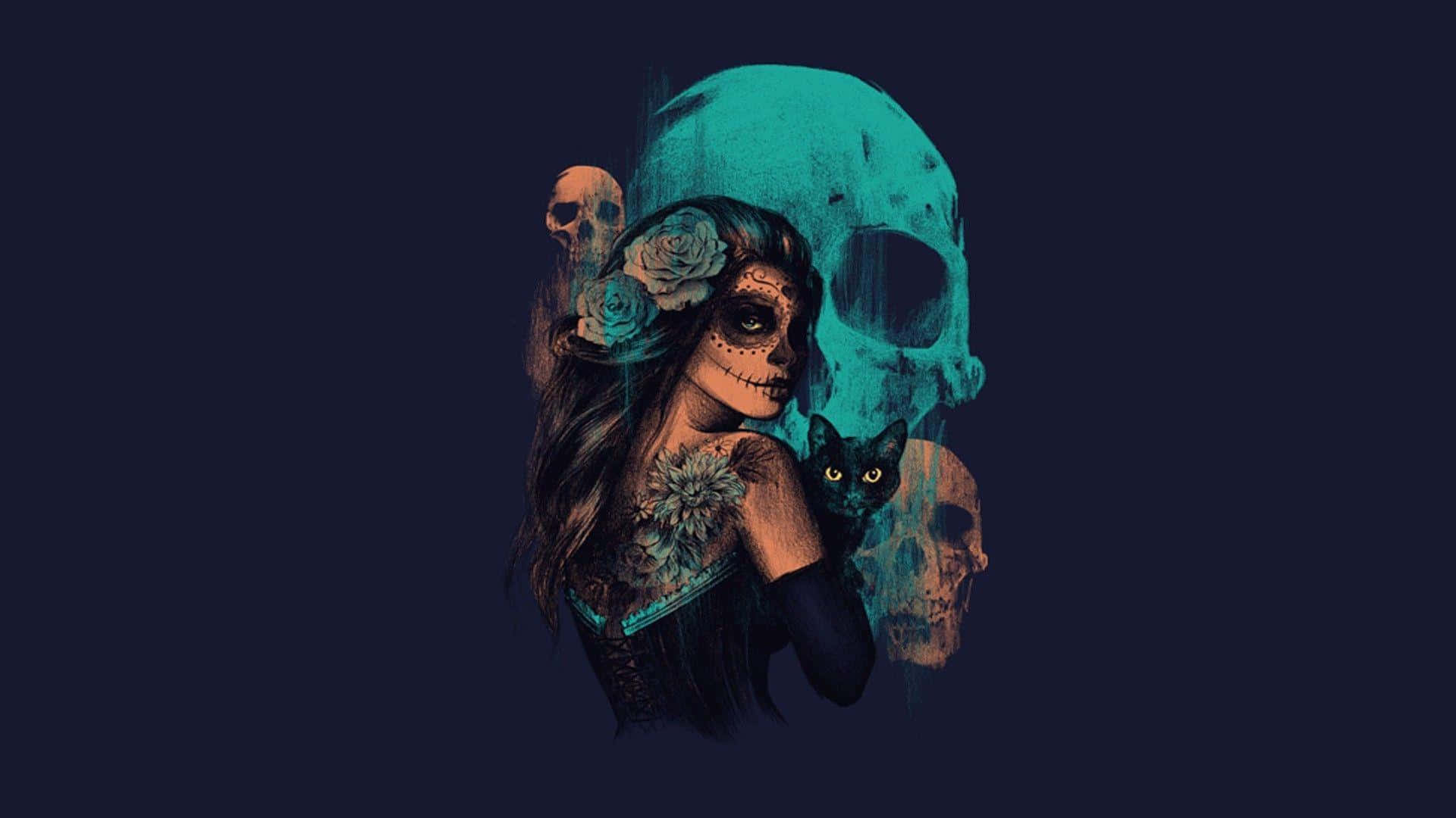 A Woman With A Skull And Flowers Wallpaper