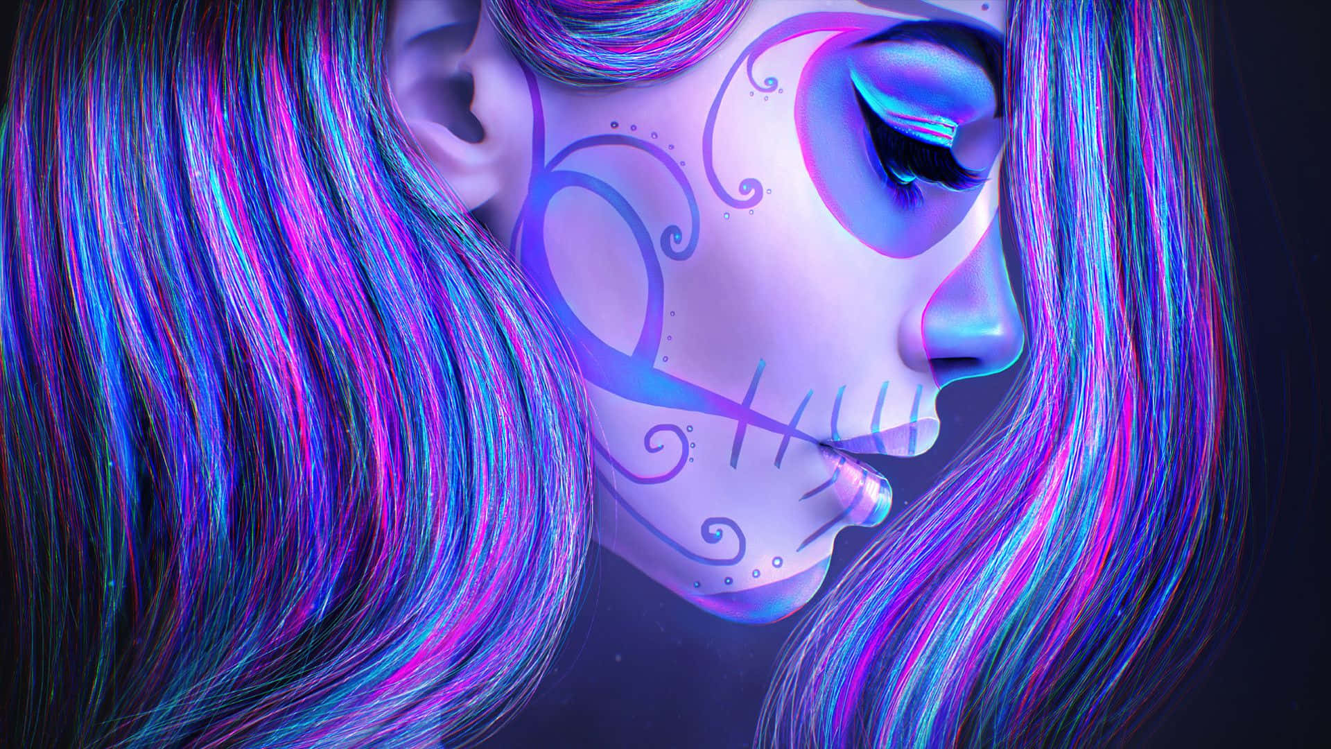 A Woman With Blue And Purple Hair And A Skull Face Wallpaper