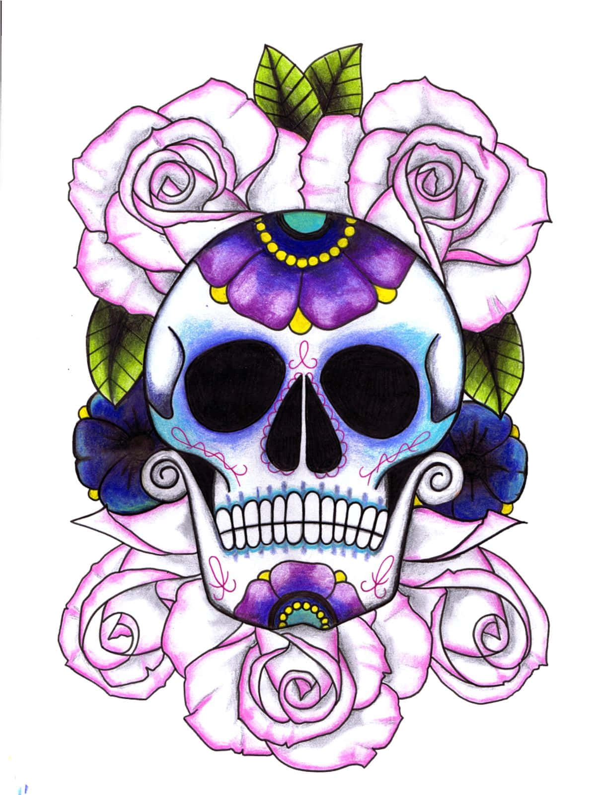 A Drawing Of A Skull With Roses And Purple Flowers Wallpaper