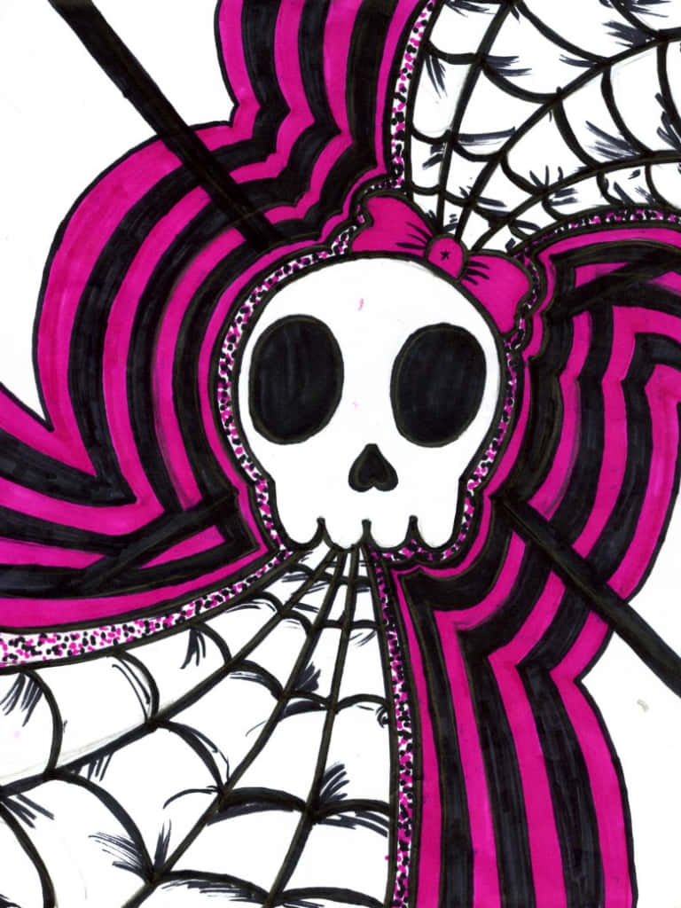 A Drawing Of A Skull With A Pink And Black Background Wallpaper