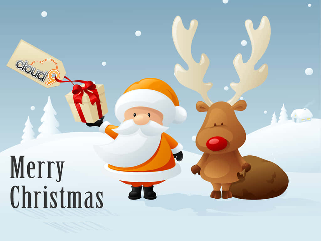 Santa Claus And A Reindeer With A Gift Wallpaper