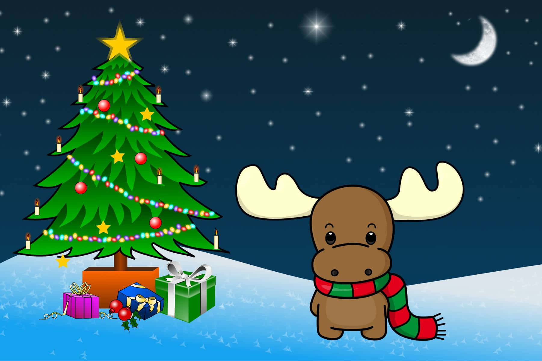 A Cartoon Moose Is Standing Next To A Christmas Tree Wallpaper