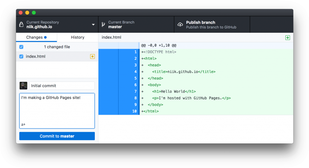 GitHub Desktop app showing HTML commit for GitHub Pages site with 'Hello World' message