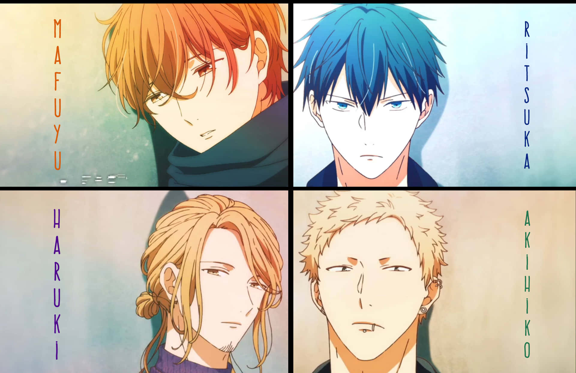 Fire medlemmer af den give anime band på en solrig baggrund Wallpaper