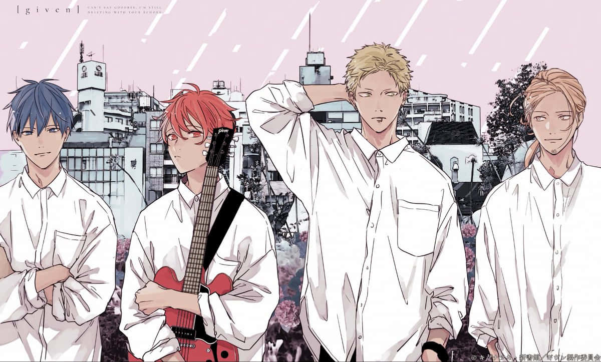 Engrupp Anime-pojkar Står Framför En Stad