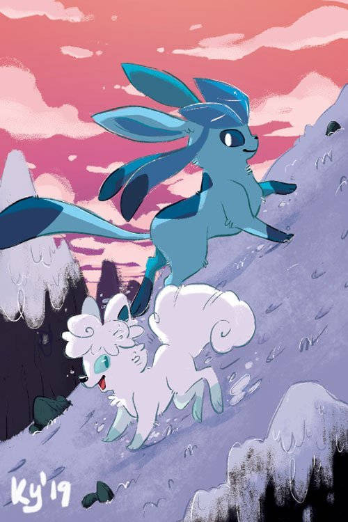 A Glaceon and a Vulpix look out over a peaceful hill Wallpaper
