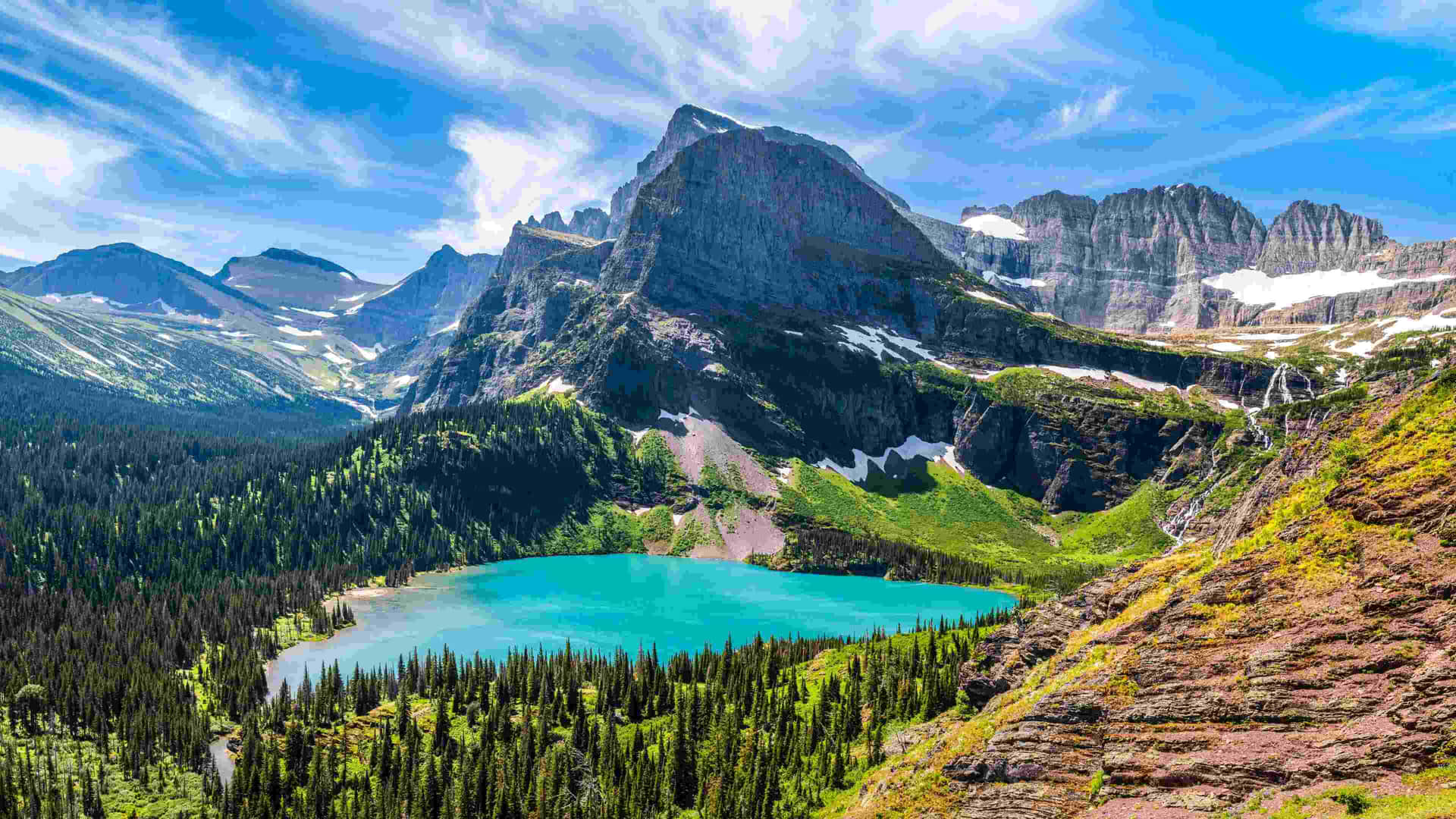 Glacier National Park Bergmeer Uitzicht Achtergrond