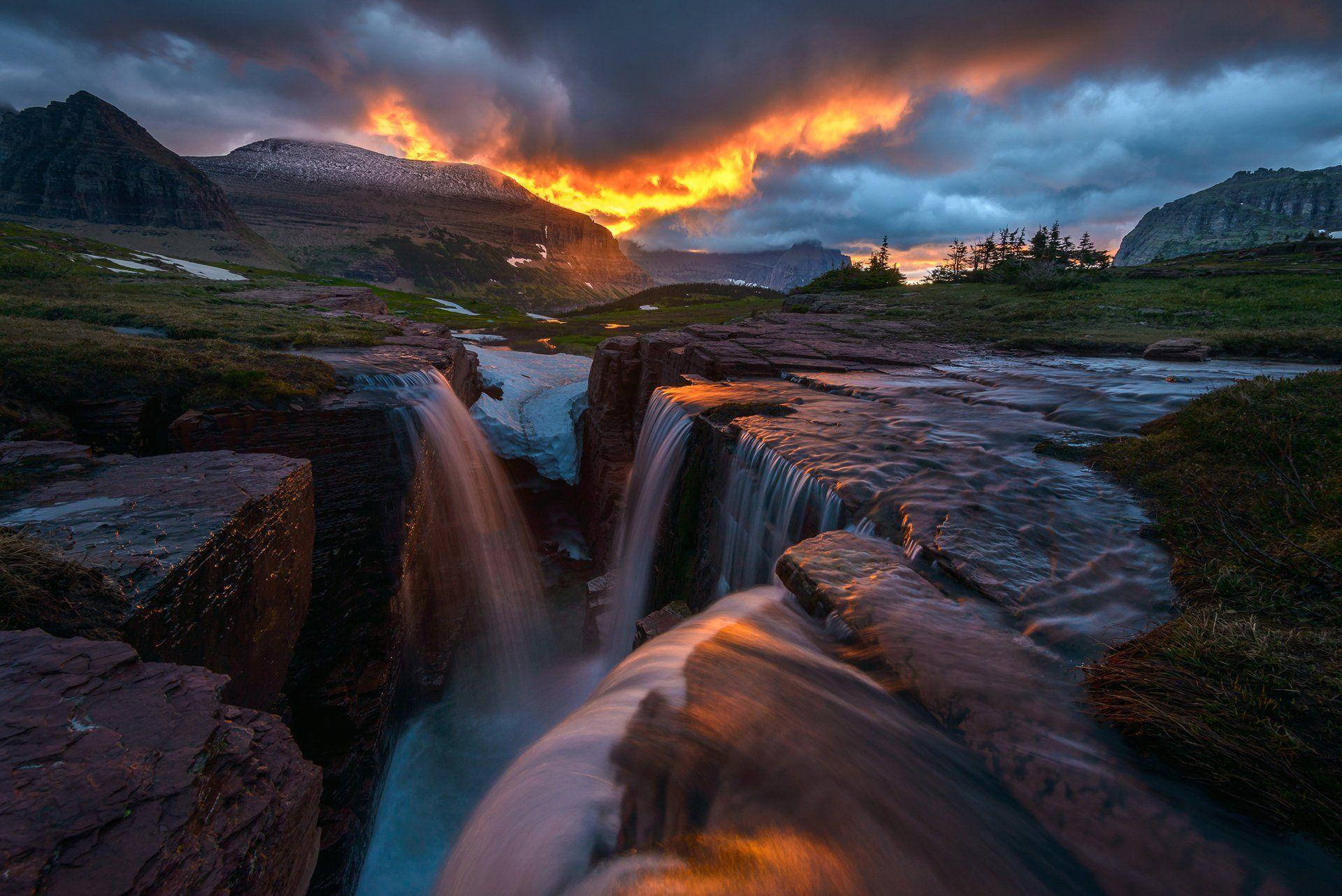 Glacier National Park Waterfall Sunset Wallpaper