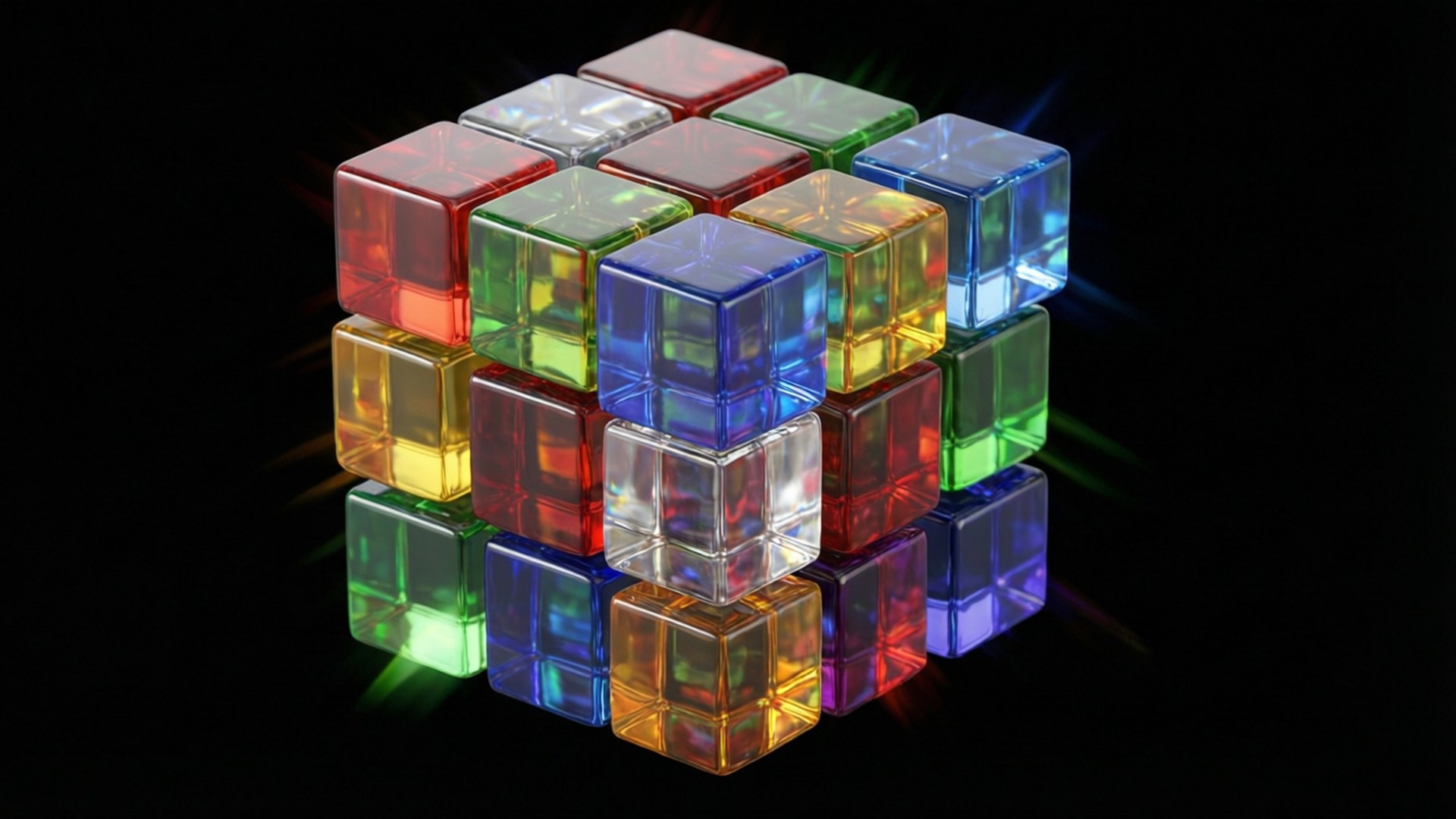 Colorful transparent glass cubes stacked with light refraction.