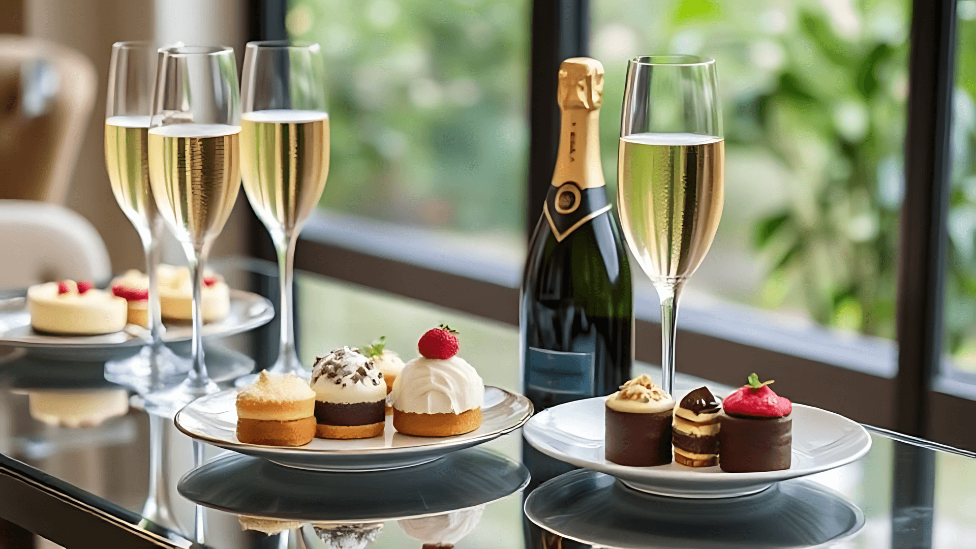 Glass Of Wine And Desserts On Table By Window Wallpaper