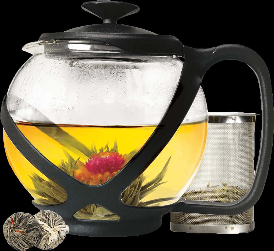 Glass Teapotwith Infuserand Flowering Tea PNG
