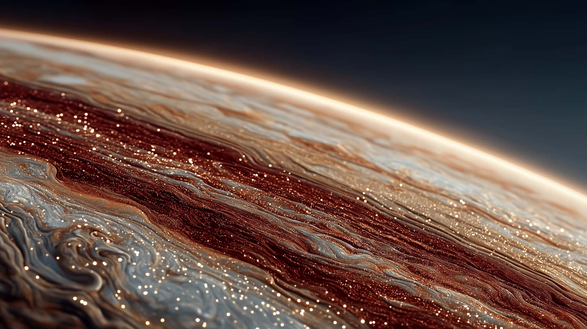 Glimmering View Of Jupiter's Swirling Storms From Orbit Wallpaper