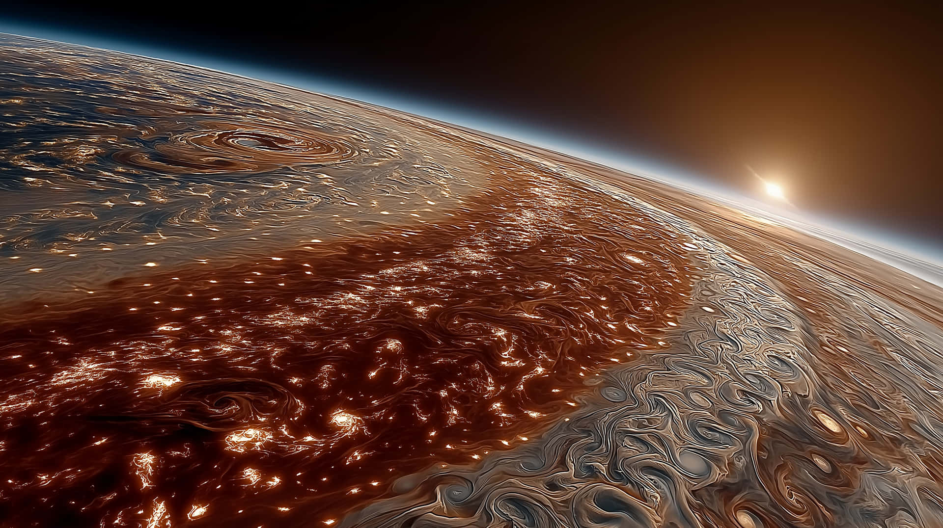 Glimmering View Of Jupiter's Swirling Storms From Orbit Wallpaper