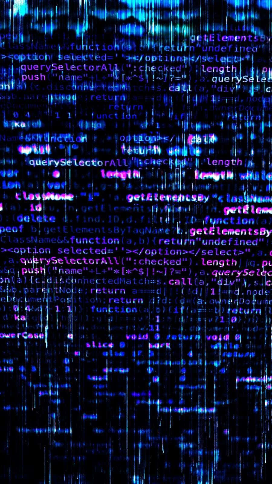 Glitch Code iPhone Wallpaper — Digital code streams cascade vertically in glowing blue against a dark background creating a futuristic tech atmosphere.
