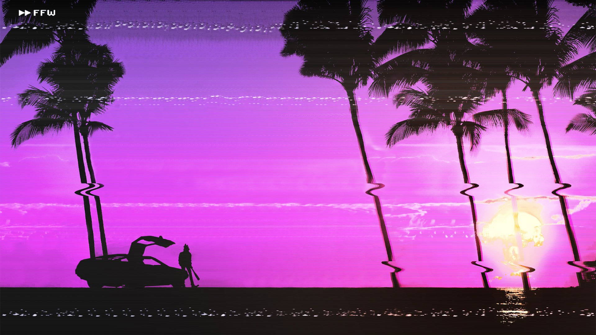 Glitch Hotline Miami with palm trees roadside car purple black wallpaper.