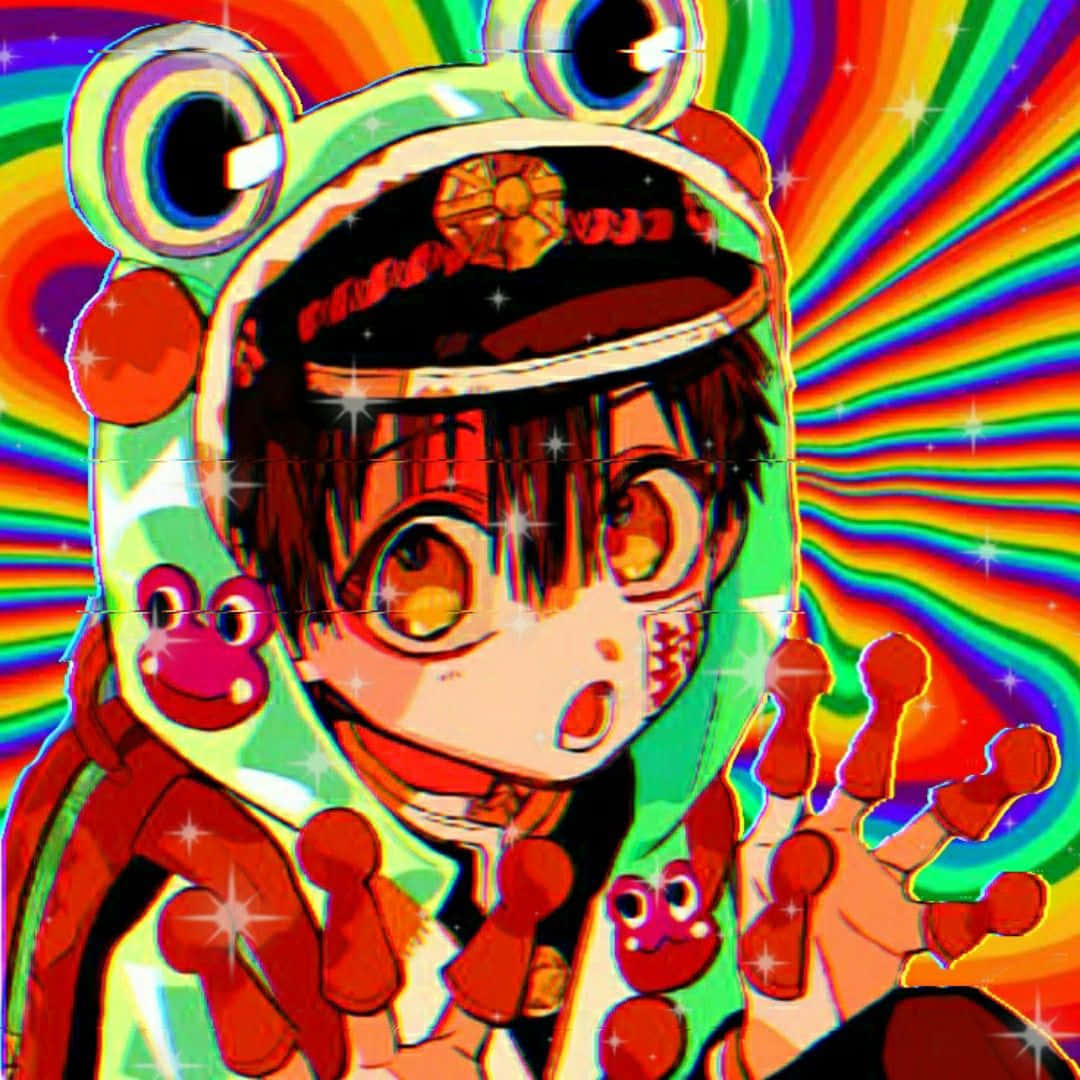 A Girl In A Frog Costume With A Rainbow Background