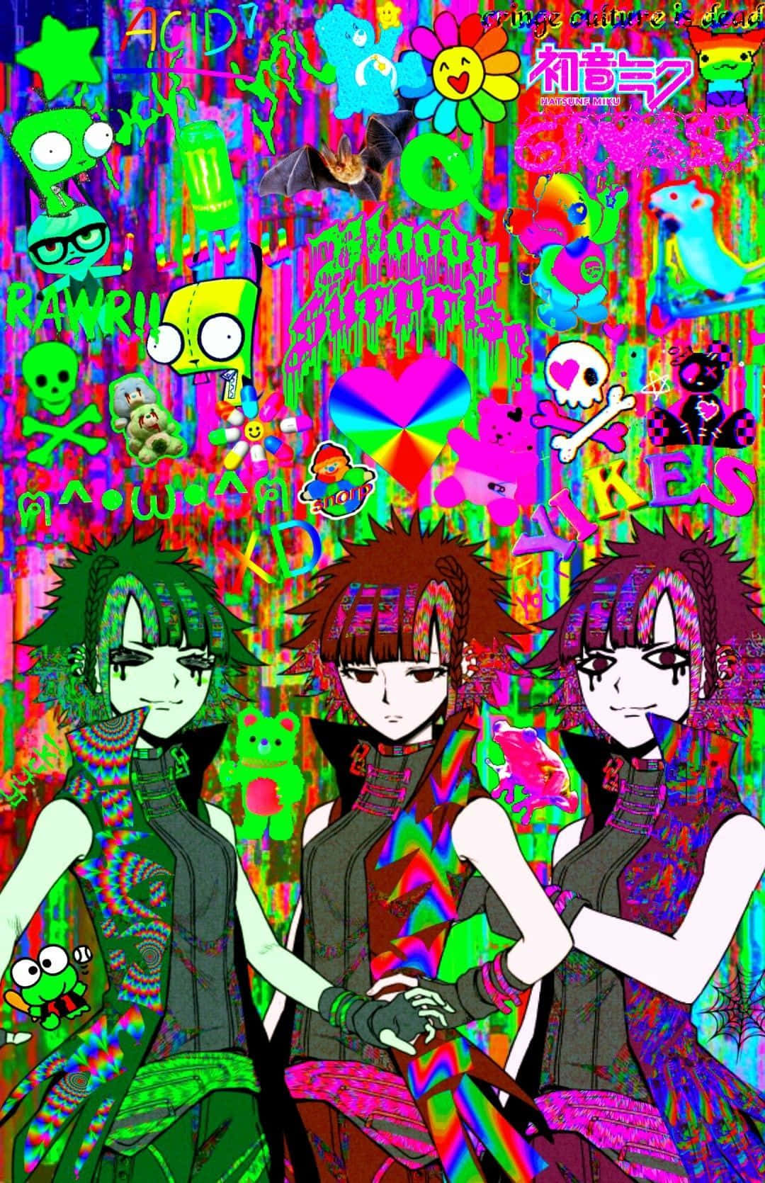 A Colorful Anime Art With Three Girls Standing In Front Of It