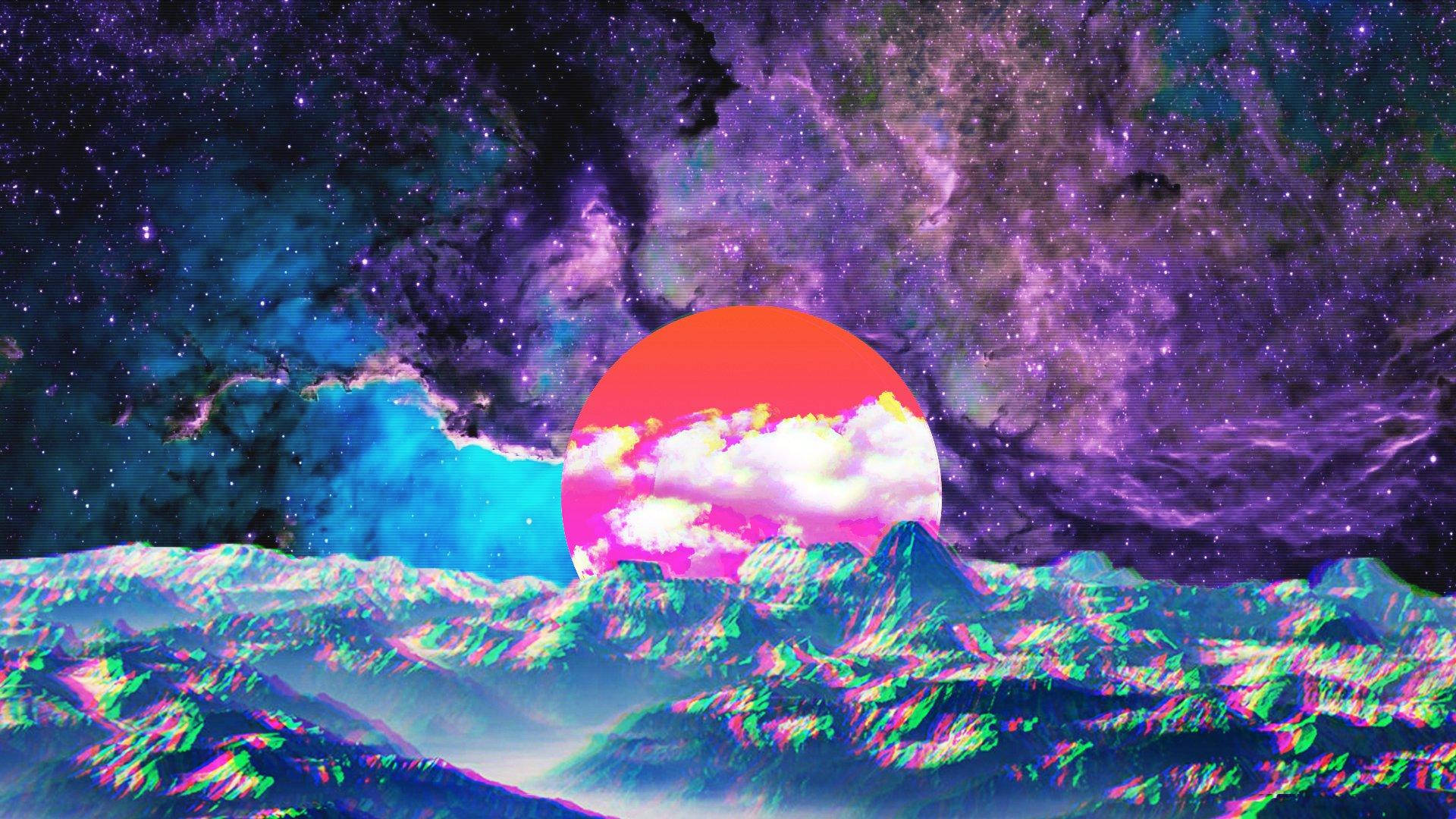 Glitchy Mountain And Galactic Universe Cover Wallpaper