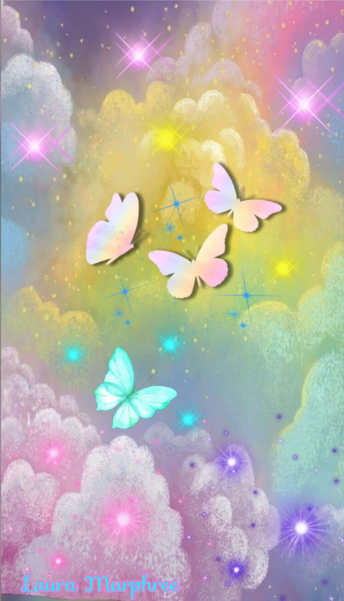 Et farverigt maleri af sommerfugle flyvende i himlen Wallpaper