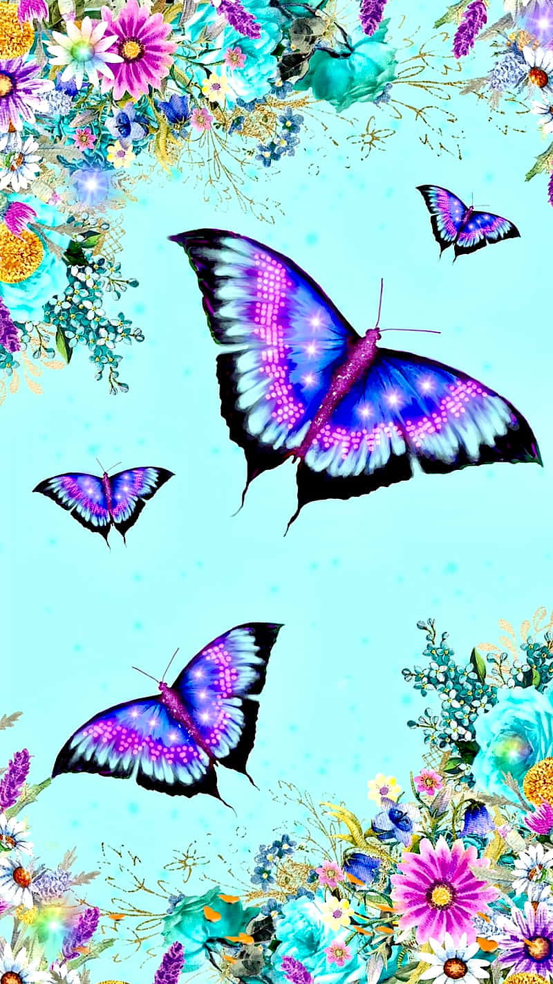 Einblauer Und Lila Schmetterling Mit Blumen Auf Einem Blauen Hintergrund. Wallpaper