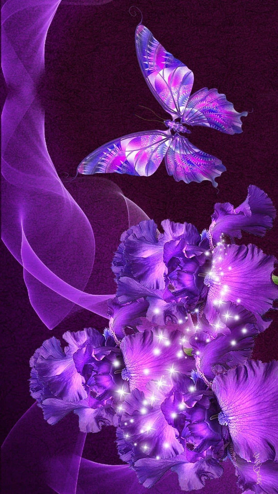 Floresmoradas Con Mariposas En Un Fondo Oscuro Fondo de pantalla