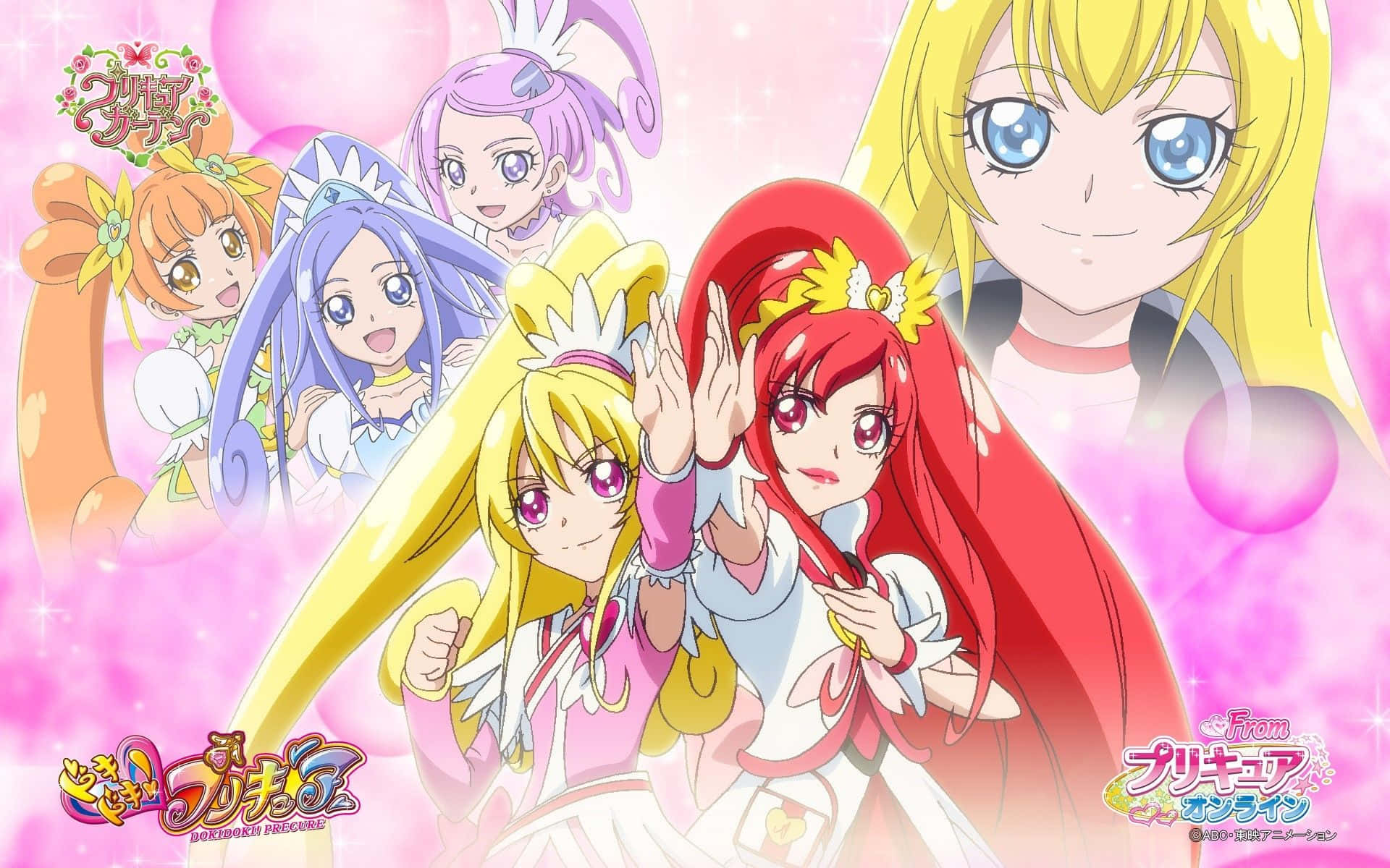 En gruppe animepiger med langt hår og rosa hårpynt Wallpaper