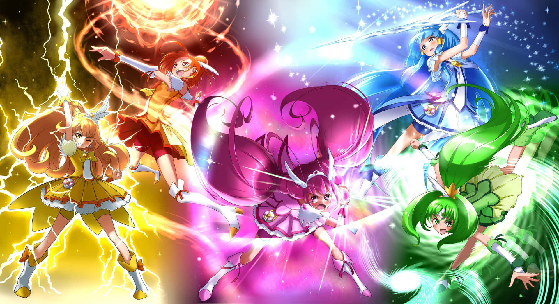 En gruppe anime-piger med forskellige farver af hår. Wallpaper