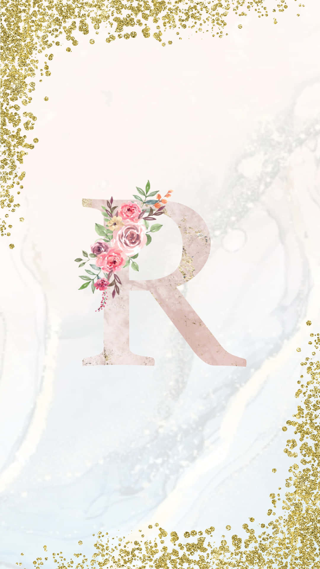A Gold And Pink Floral Monogram With A Gold Glitter Background Wallpaper
