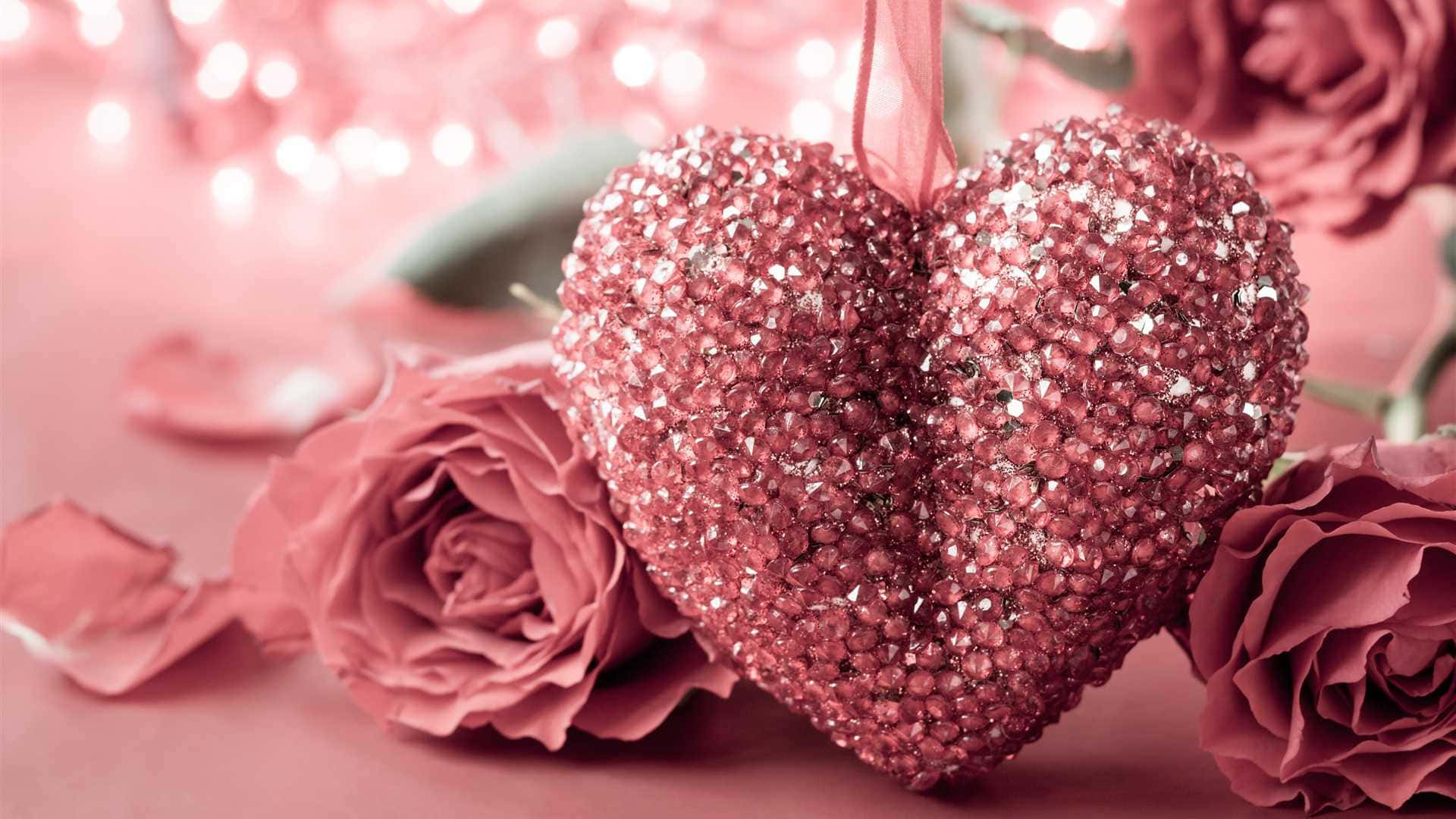 Glitter Pink Hearts And Blooming Rose Wallpaper