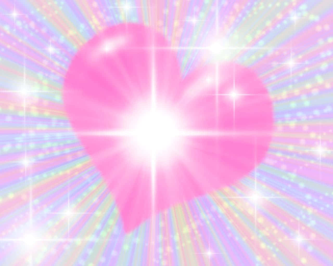 Glitter Pink Hearts On Colorful Rays Wallpaper