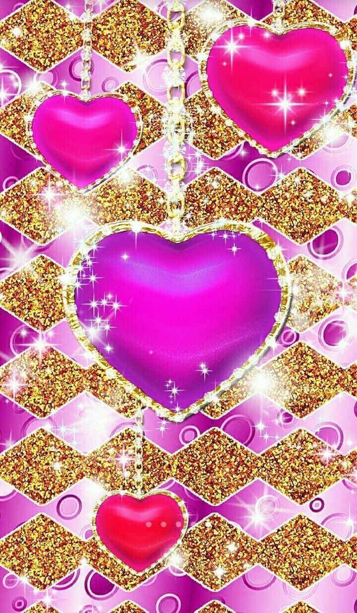 Glitter Pink Hearts With Gold Wallpaper