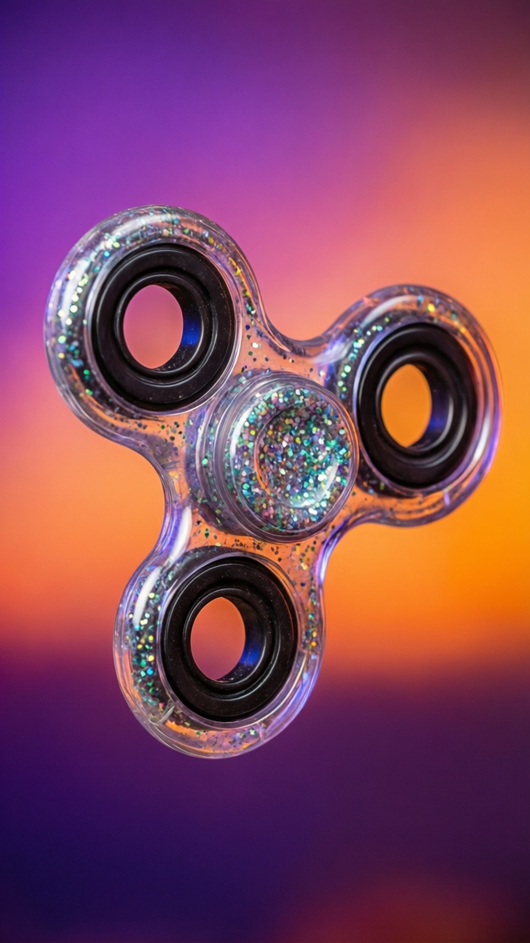 En gjennomsiktig glitterfylt fidget spinner som flyter mot en gradient