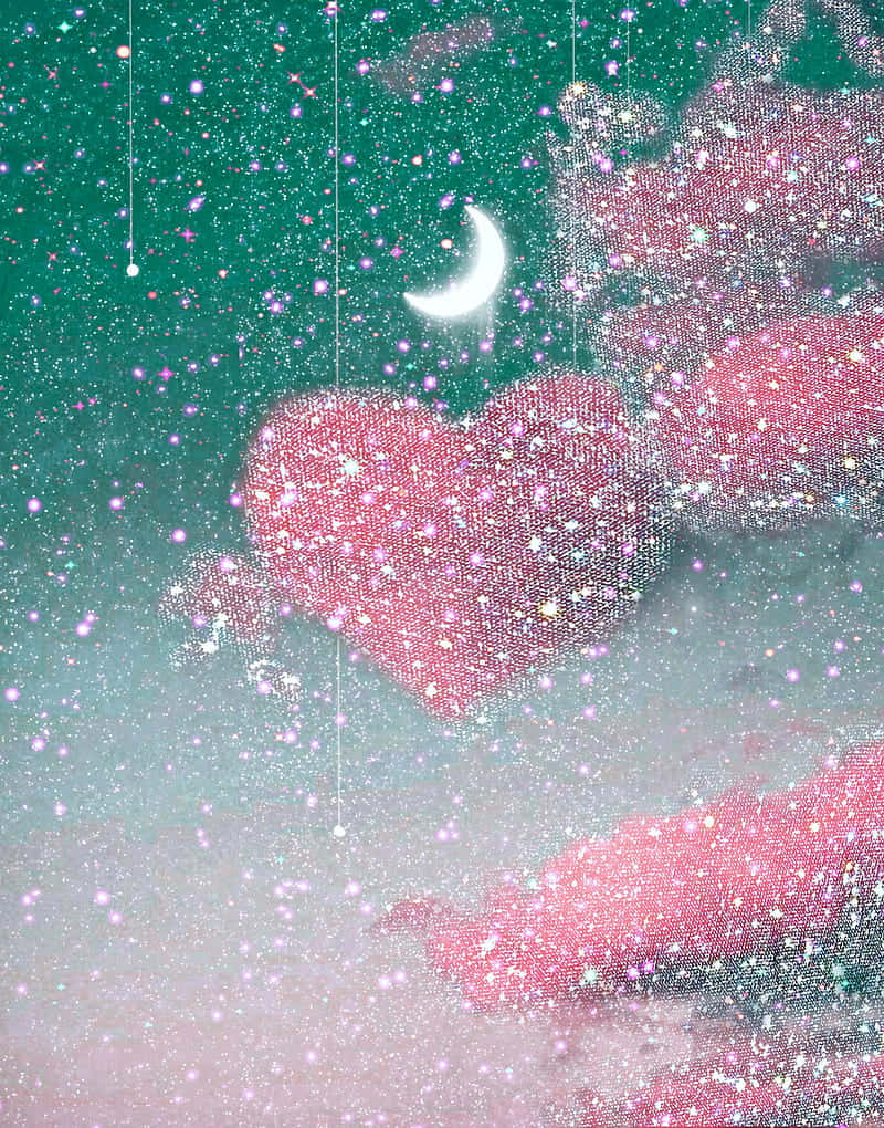 Glittering Heartsand Crescent Moon Wallpaper