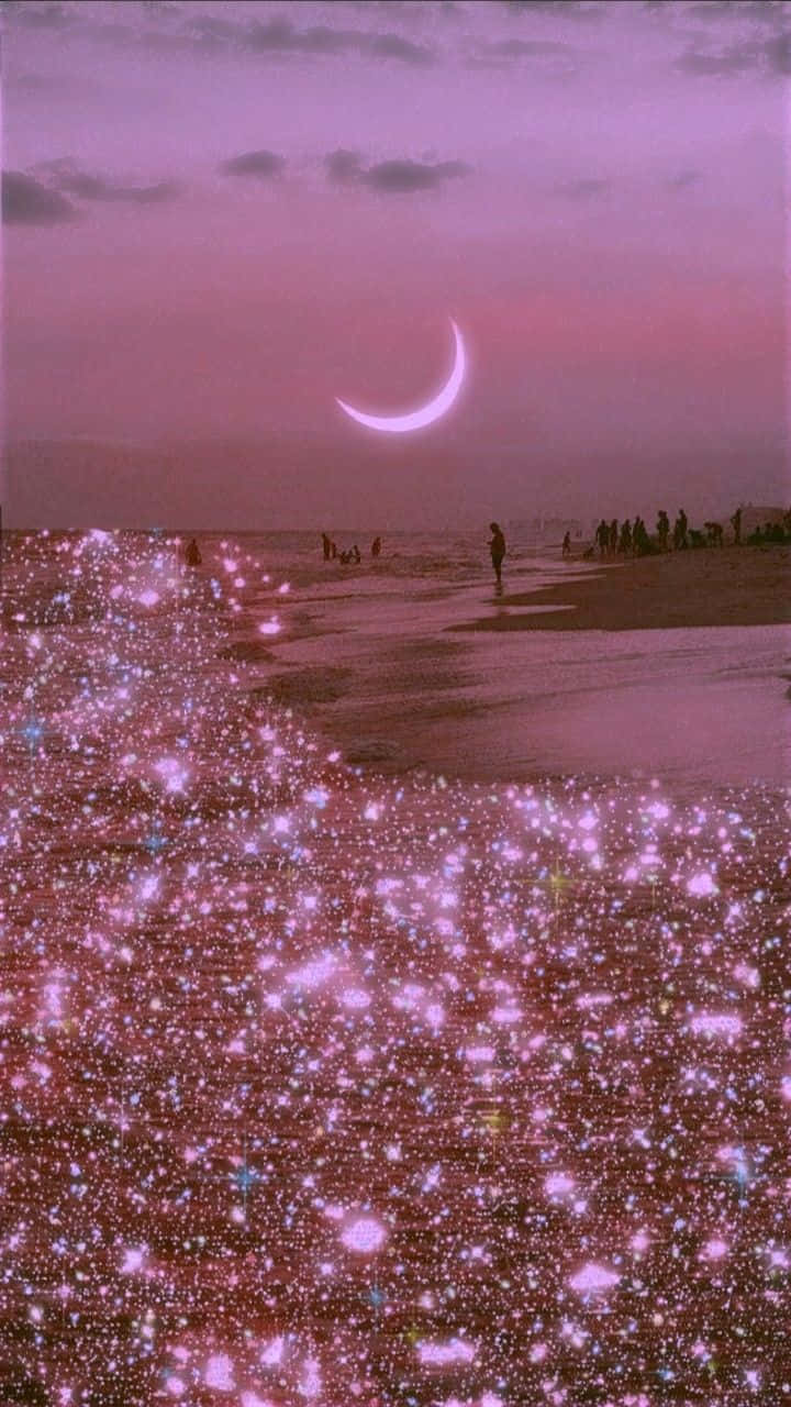 Glittering Pink Beach Moonrise Wallpaper