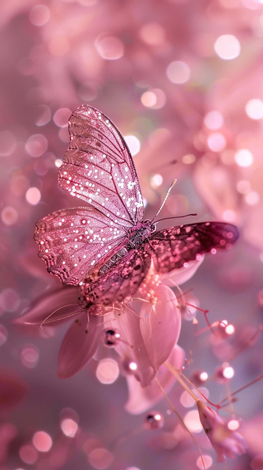 Glittering Pink Butterflyon Blossom Wallpaper
