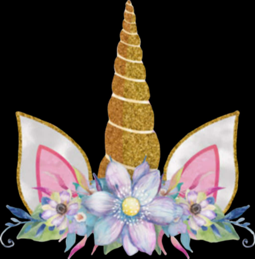 Glittery Unicorn Hornand Earswith Flowers PNG