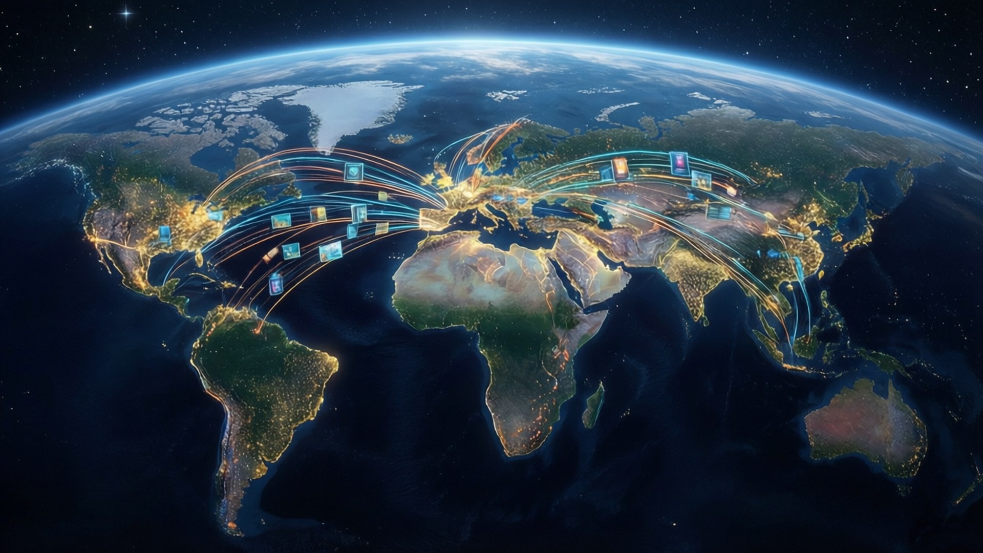 A global network visualization with data packets traveling between continents.
