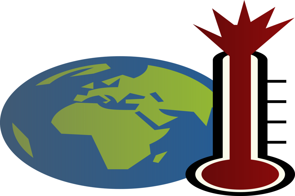 Global Warming Concept PNG — A stylized blue and green globe showing Africa and Europe sits beside a red maple leaf emblem on a white pedestal.