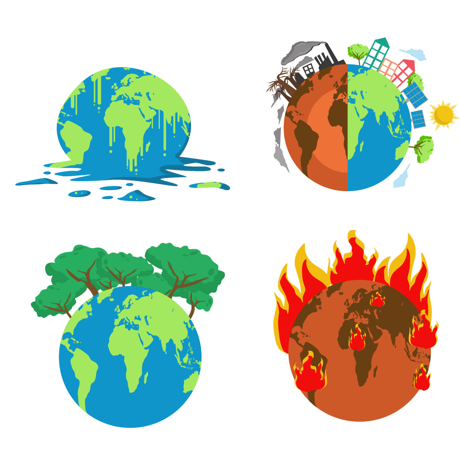 Cuatroiconos Diferentes De La Tierra Con Fuego, Fuego Y Agua