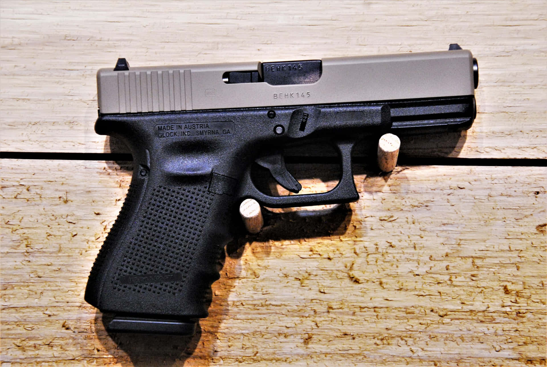 A closeup of a Glock 19 pistol