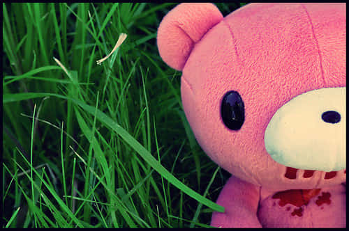Einrosa Teddybär Sitzt Im Gras. Wallpaper