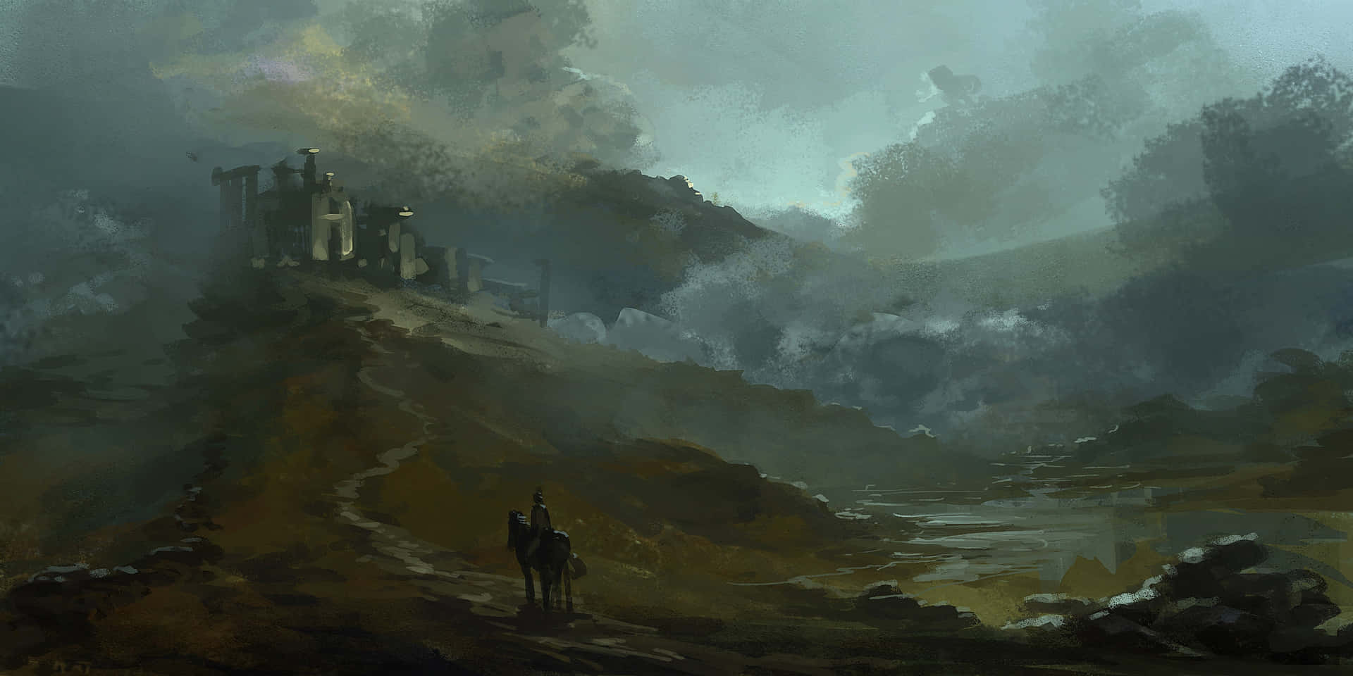 A Painting Of A Castle On A Hill Wallpaper