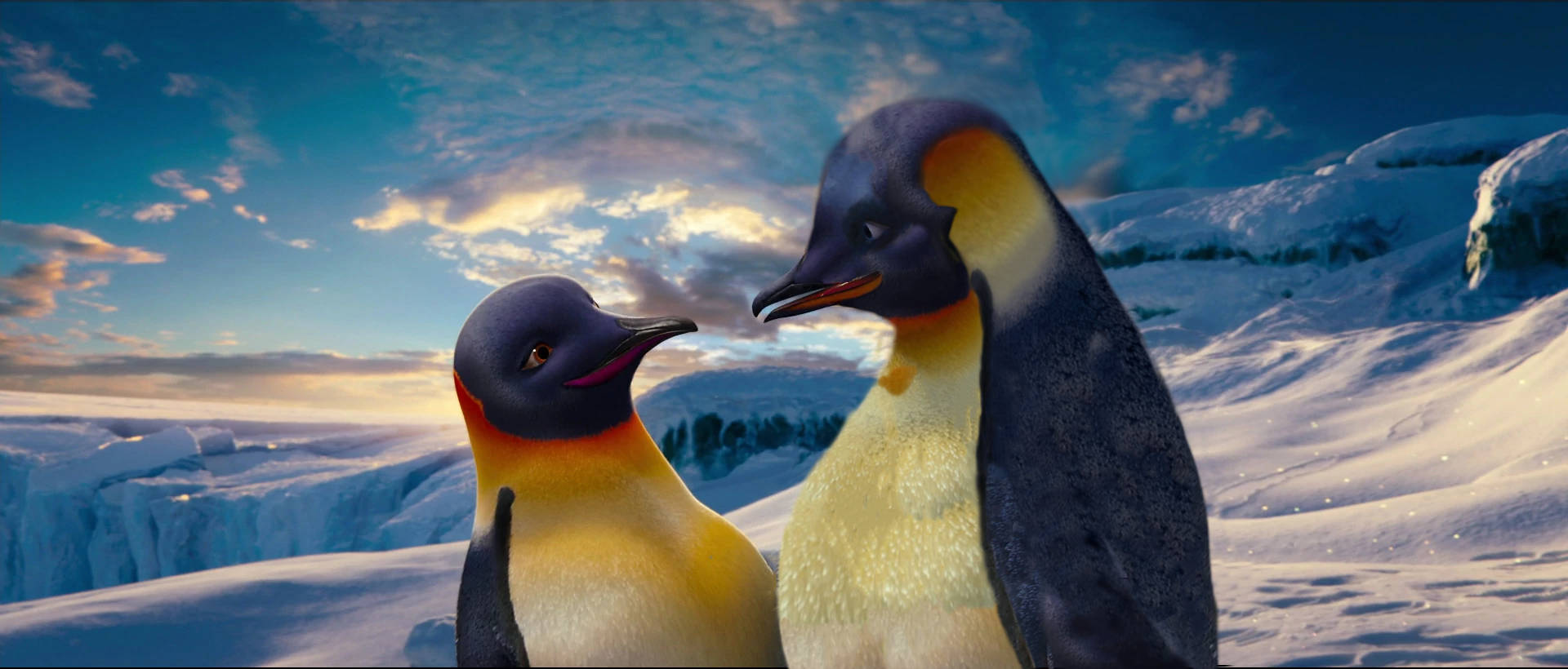 two penguins are standing in the snow Wallpaper